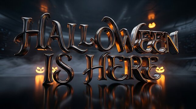 Halloween is here 3d metallic text design with glowing orange pumpkins on a dark moody background
