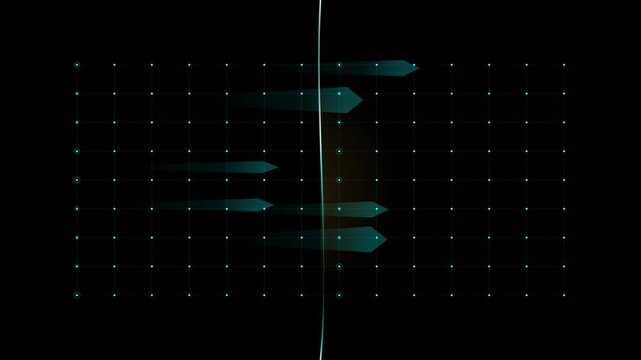Yellow stick figure walking through futuristic cyberspace grid animation