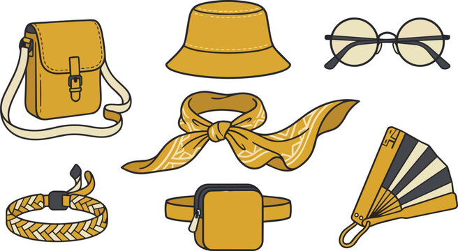 Fashion accessories, clothes and outfit with bag for summer, travel and vacation. Stylish hat, glasses and scarf with bracelet, fan and fanny pack for apparel retail store, shopping or boutique.