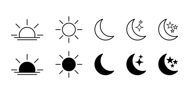 Minimal line and solid sun and moon icons collection for weather applications, mobile interface, and user experience design. This vector set includes sunrise, sunset, and stars.