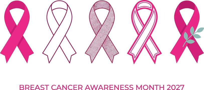 Set of five diverse pink ribbon designs for breast cancer awareness month with unique patterns and textures including solid pink ribbon and leaf accent for charity and medical support campaigns
