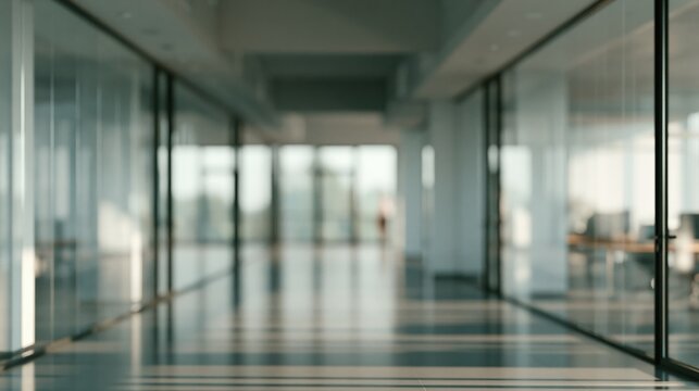 Modern office hallway with glass walls and polished floors.