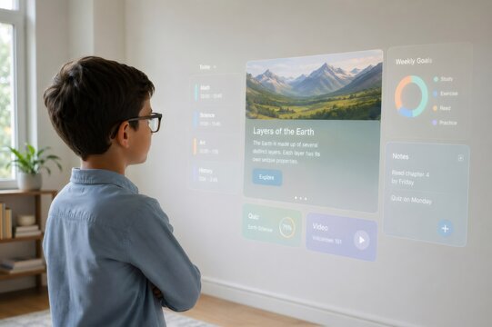 Child in glasses engaging with a futuristic interactive wall display showing educational content, weekly goals, and learning modules using advanced augmented reality technology