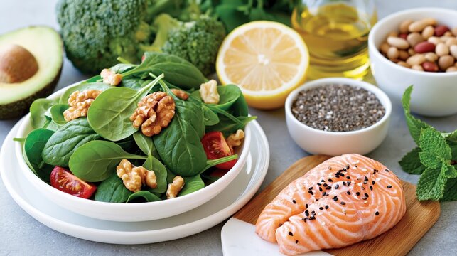 Fresh ingredients for a healthy and nutritious meal are arranged on a surface.
