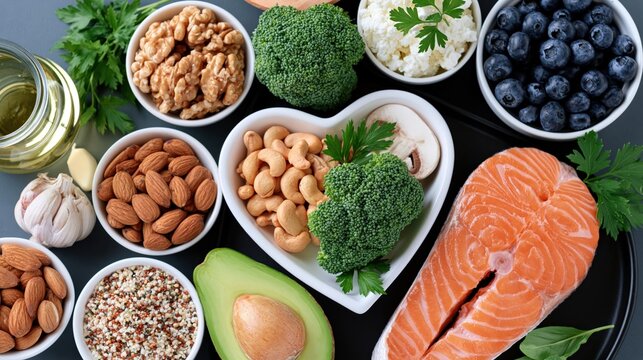 Assortment of healthy foods arranged on a dark surface.