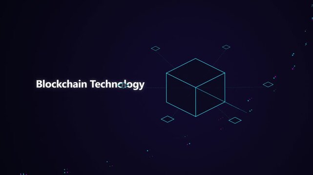 Blockchain technology digital cube animation with glowing data nodes and network connections