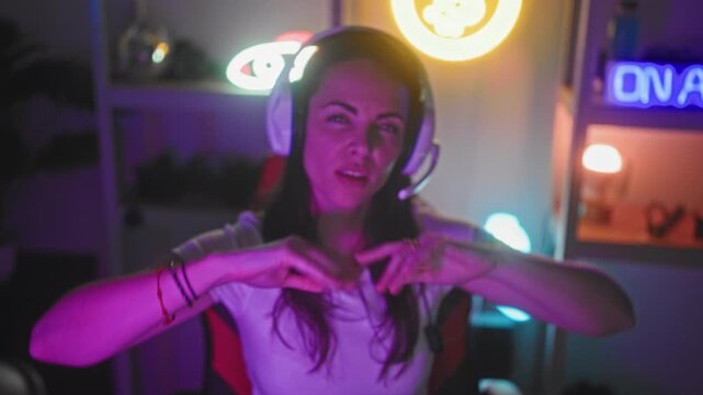 Woman gamer wearing white headset gestures hands toward camera and leans forward with focused face lit by neon signs in studio; engagement concentration.