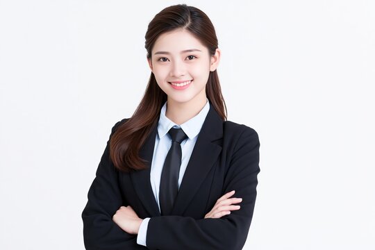 Young asian businesswoman wearing dark suit and tie with arms crossed isolated on white background