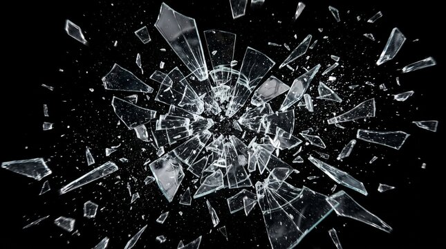 Shattered glass shards exploding outward on a black background with broken glass fragments cracked glass explosion fragments explosion destruction accident breaking transparent