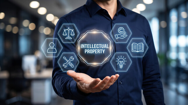 Intellectual Property Business Concept with Patent, Copyright, Trademark, Legal Protection, Innovation, Digital Technology, Brand Security, Licensing and Corporate Asset Management
