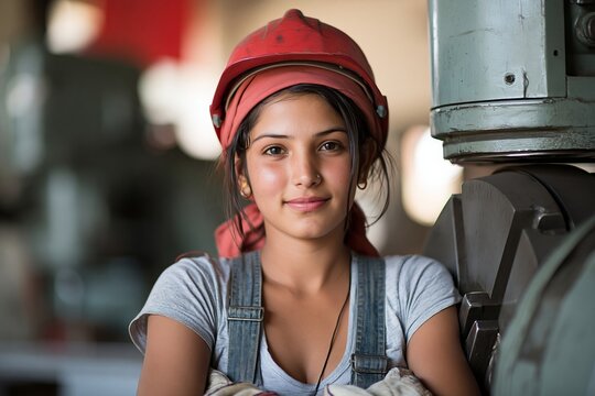 Young female industrial worker wearing a red hard hat and denim overalls inside a factory workshop
