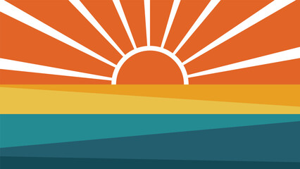 Fototapeta premium flat sunset landscape vector background with warm glowing sun rays