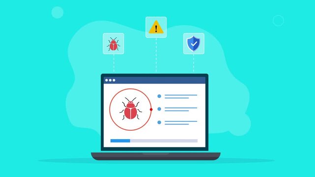 Modern flat vector animation showing a laptop with a malware detection interface and floating warning and security icons, representing cybersecurity, threat detection, data protection, and digital saf