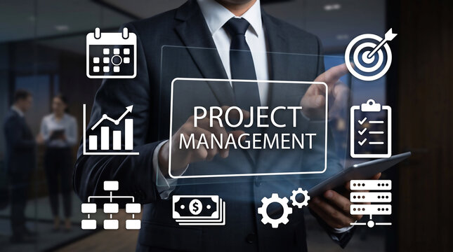 Project Management Concept with Business Strategy, Planning, Workflow, Team Collaboration, Task Tracking, Performance Analytics, Leadership, Technology and Corporate Operations
