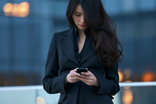 Brunette businesswoman wearing black suit standing outdoors and looking at smartphone screen
