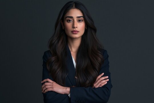 Confident indian businesswoman in a dark navy blazer standing with arms crossed in studio portrait