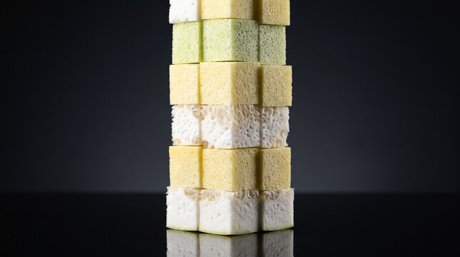 A stack of colorful cubic food blocks isolated on a dark background