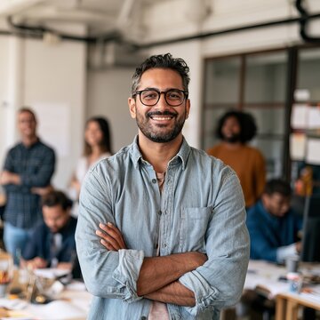 Confident middle eastern businessman with glasses smiling with arms crossed in busy modern office