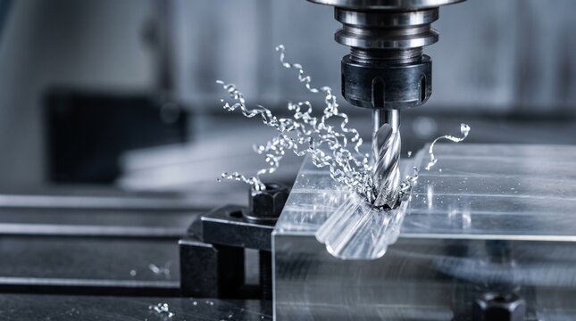 Industrial milling machine cutting a clear acrylic block with metal shavings