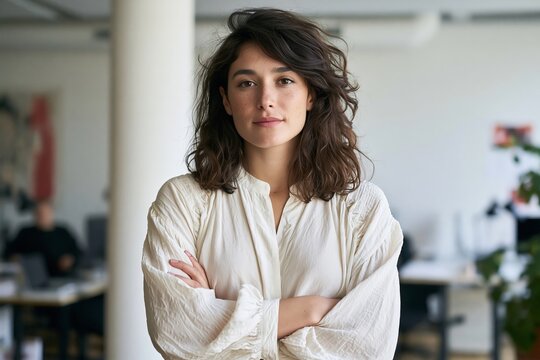 Confident young businesswoman with dark curly hair wearing a white blouse standing in an office
