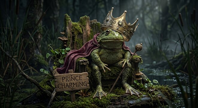Pompous bullfrog wearing a tarnished golden crown on a mossy throne featuring &ldquo;PRINCE CHARMING&rdquo; against a surreal enchanted swamp