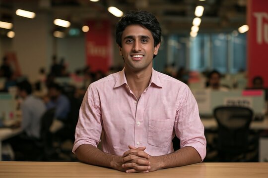 Friendly young businessman sitting at a wooden desk in a modern tech startup office environment