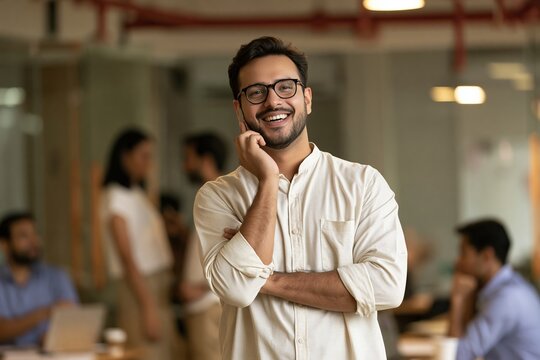 Happy young south asian man wearing glasses and white shirt smiling in vibrant creative office
