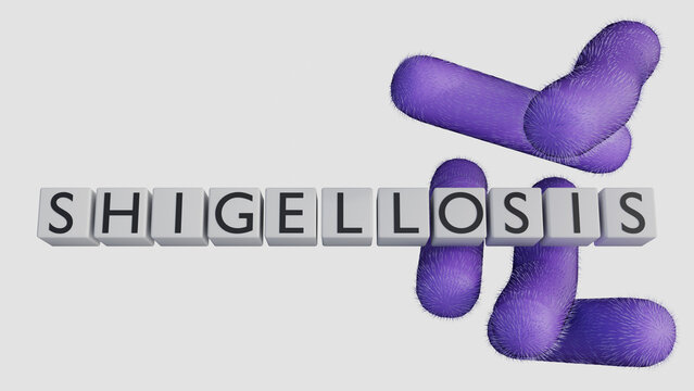 A 3d "SHIGELLOSIS" blocks over rod-shaped purple bacilli of shigella. a representation of bacterial gastroenteritis, pathology, and public health awareness.