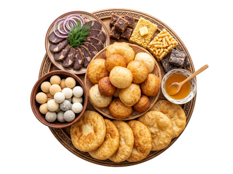 Kazakh dastarkhan traditional food assortment isolated on transparent background