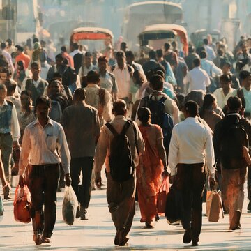 Large crowd of diverse commuters and pedestrians walking along busy urban street during daytime