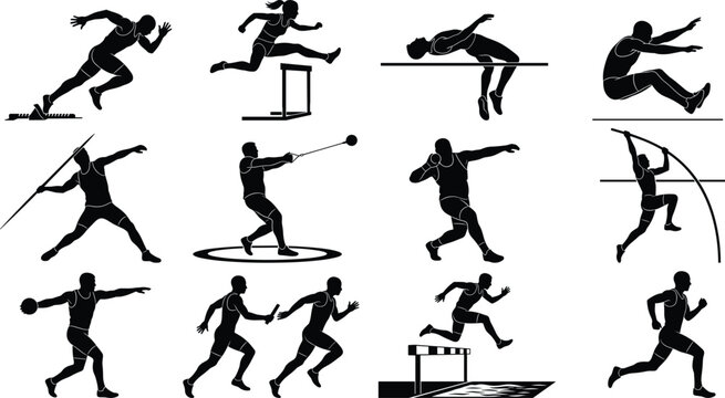 Track and Field Athlete Silhouettes Collection Featuring Running, Jumping, Throwing, Hurdles, and Pole Vault Events