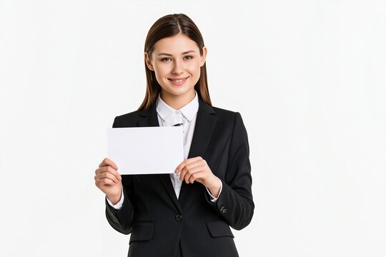 Professional businesswoman in black suit holding blank white sign against plain background