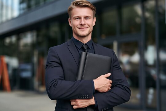Smiling young businessman in a dark suit holding a binder outside a modern office building