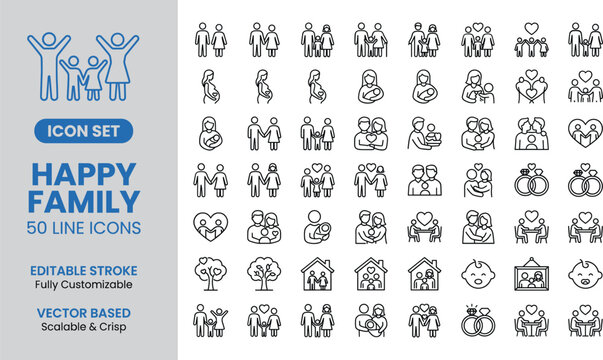 Happy family line icon set with parents, children, pregnancy, couples, marriage and home family symbols