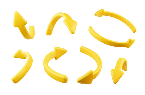 3d set of yellow round arrows. .Infographic or business concept. Arrows pointing in different directions. Vector illustration isolated on white background.