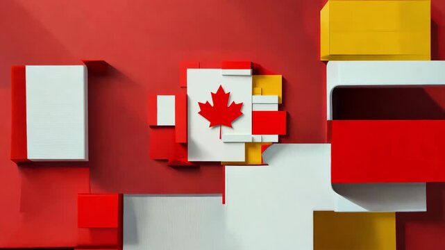 Canadian maple leaf flag among abstract red and white geometric blocks, national patriotic concept, Canada Day celebration, modern graphic design, bold color.
