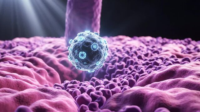 Autoimmune activity around healthy thyroid tissue, one stable spherical immune cell slowly moving near a detailed thyroid tissue surface