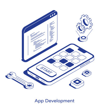 Isometric app development illustration. Smartphone with an app grid and start button, floating programming code window, holographic gears, and a wrench. Clean IT mobile software technology layout