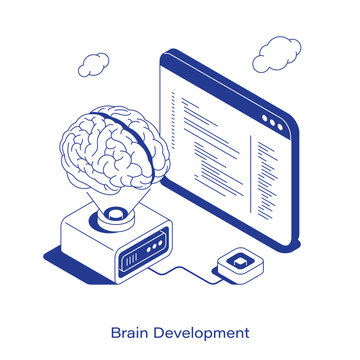Isometric brain development vector illustration. A server projecting a holographic human brain, connected to a large screen showing programming code. Clean AI technology layout