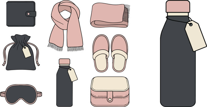 Travel accessories set and lifestyle items with water bottle, scarf and eye mask for corporate branding. Personal gifts, wallet and slippers for merchandise, retail display and product mockup.