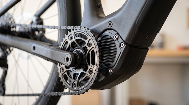 Close up view of an electric bicycle mid drive motor and chainring assembly