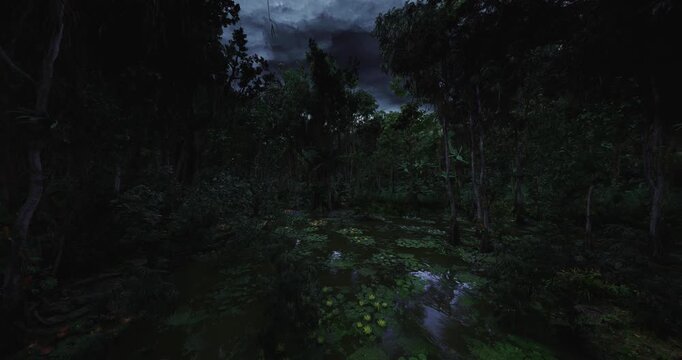 riverine swamp path under moonlight reflection, overgrown banks and still water suggest hidden canoe route and night paddling adventure, ideal for eco tourism,