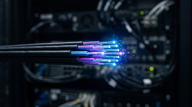 Fiber optic cable glowing with light signals in a server room background