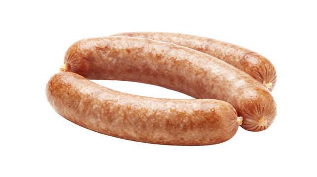 Raw fresh pork bratwurst sausages isolated on white background, close up studio shot