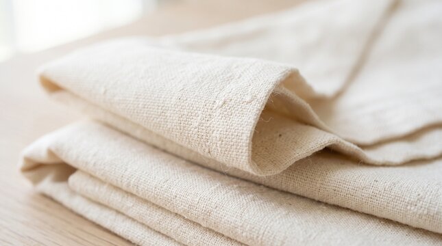 A folded stack of soft cream colored organic cotton fabric on a wooden table