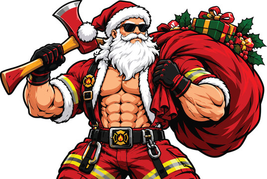 Strong Muscular Firefighter Santa Claus Carrying a Large Sack of Christmas Gifts and an Axe - Cool Buff Santa Illustration Wearing Sunglasses and Fireman Gear for Holiday Designs.