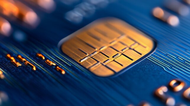 Close-up of a credit card's microchip, showcasing its intricate circuitry and gold contacts