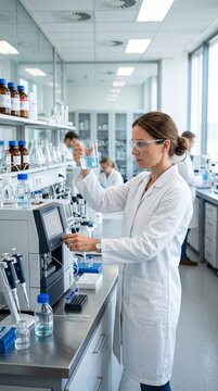 A female scientist in a white lab coat and safety glasses conducts an experiment in a modern laboratory, surrounded by scientific equipment and fellow researchers.