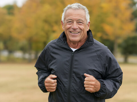 Happy senior man smiling and jogging outdoors in autumn park