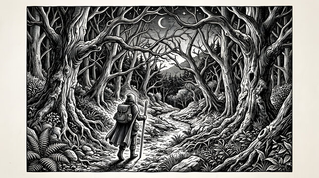 Intricate vintage engraving illustration of a mysterious dense forest with twisted trees, rugged terrain, and dramatic natural atmosphere.
